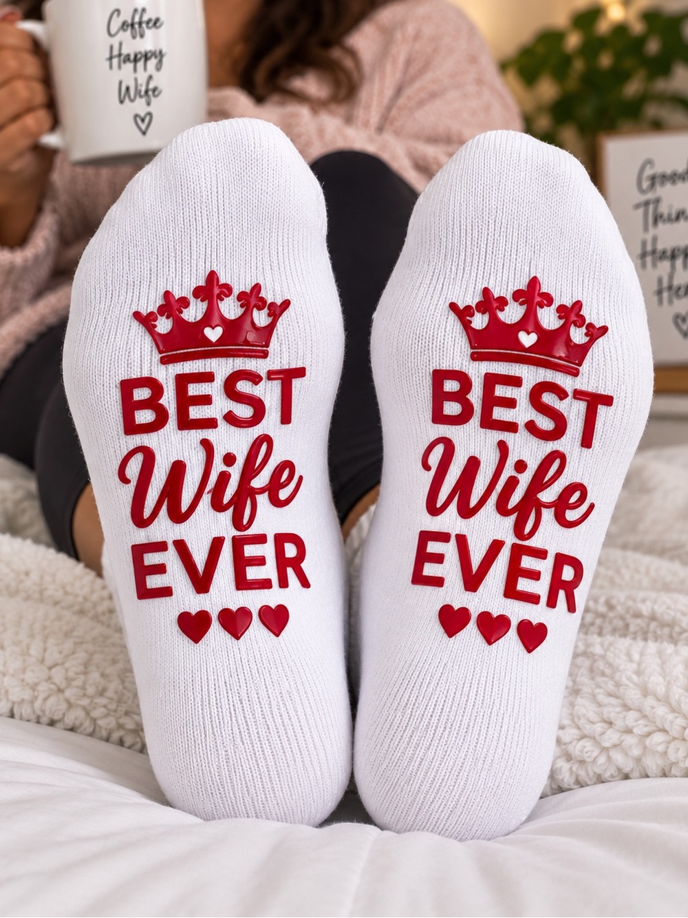 White 'Best Wife Ever' Crew Socks with Red Grip Print